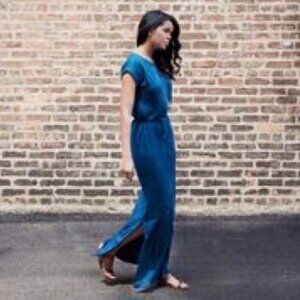 Lou & Grey 100% Linen Belted Maxi Dress Blue Size XS Lagenlook Cottagecore